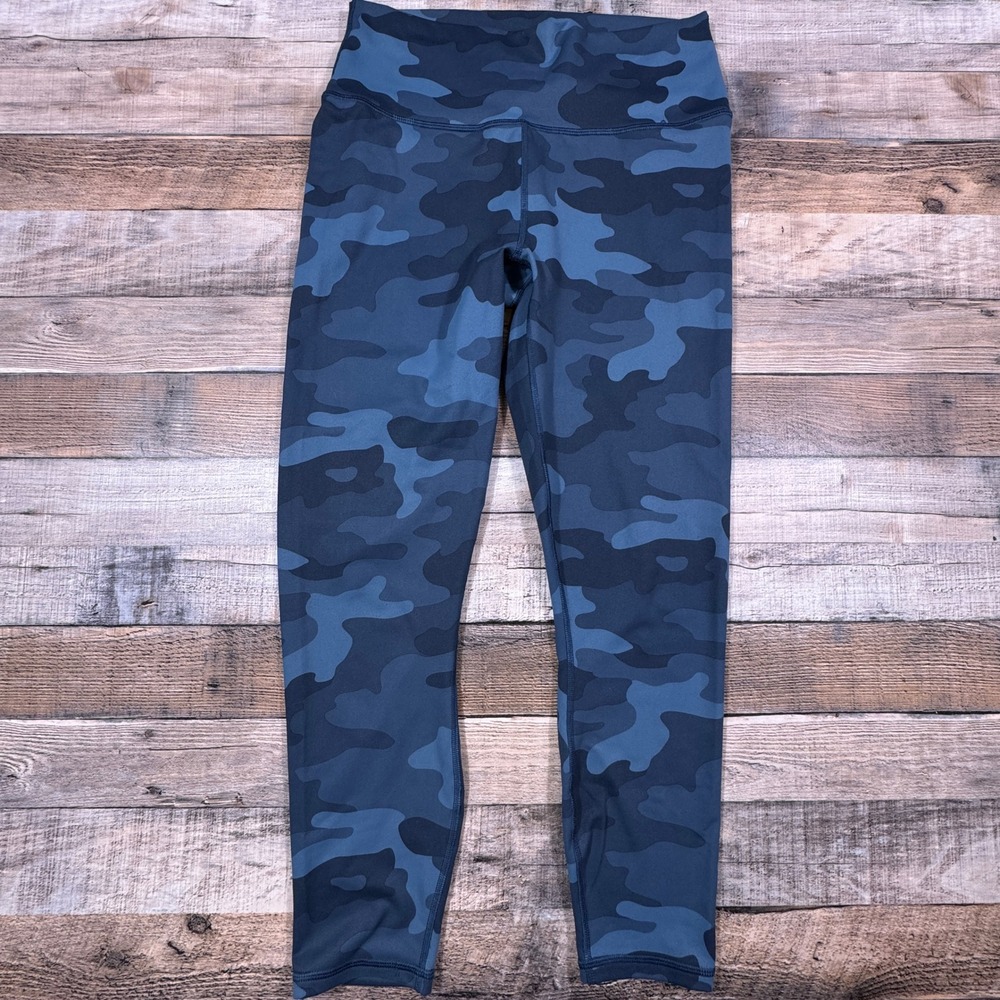 Fabletics PowerHold High Waisted Leggings Blue Camo Yoga Pants Interior Pocket